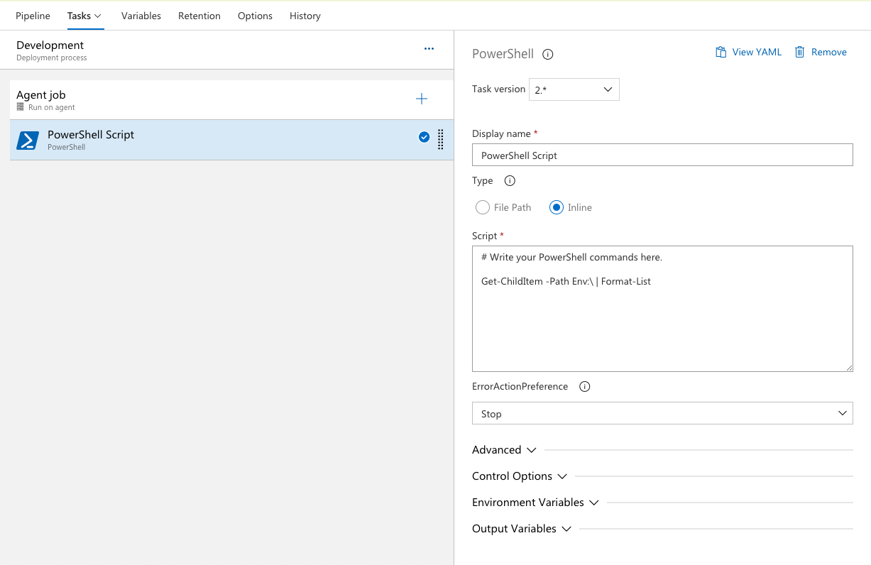 Print all environment variables in Azure DevOps for Windows Agents with